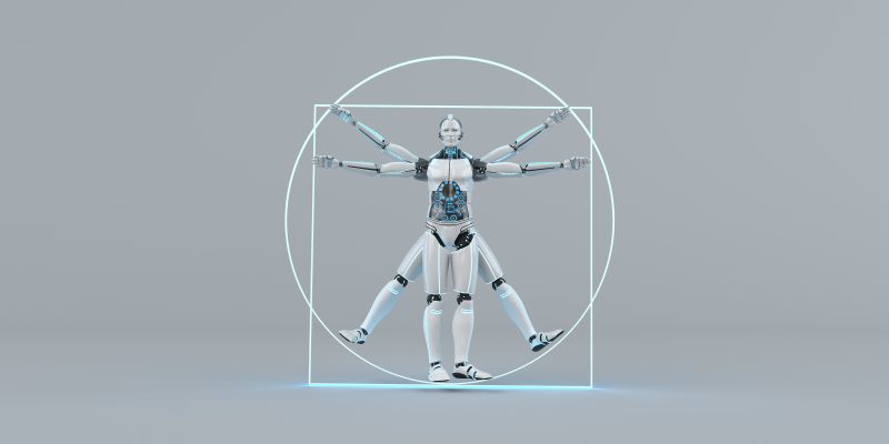 Robot ustylizowany na człowieka witruwiańskiego Leonadra da Vinci, grafika: Adobe Stock