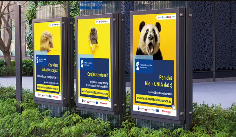Reklamy z jeżem, nosem psa i głową pandy informujące o programie Fundusze Europejskie dla Mazowsza 2021-2027