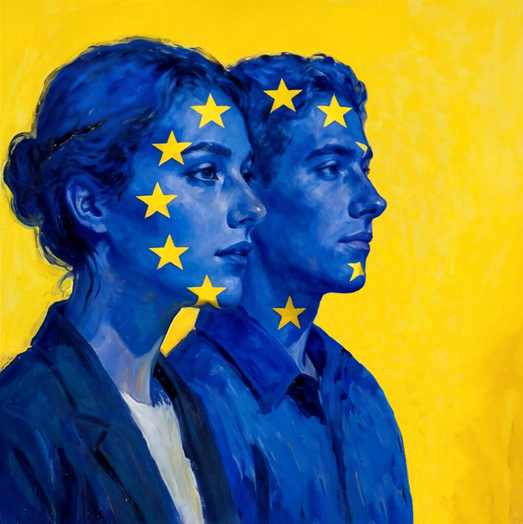 Dwoje młodych ludzi z pomalowanymi na niebiesko twarzami i gwiazdkami Unii Europejskiej