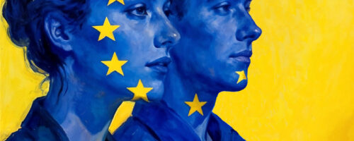 Dwoje młodych ludzi z pomalowanymi na niebiesko twarzami i gwiazdkami Unii Europejskiej