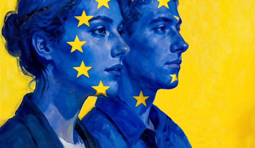 Dwoje młodych ludzi z pomalowanymi na niebiesko twarzami i gwiazdkami Unii Europejskiej