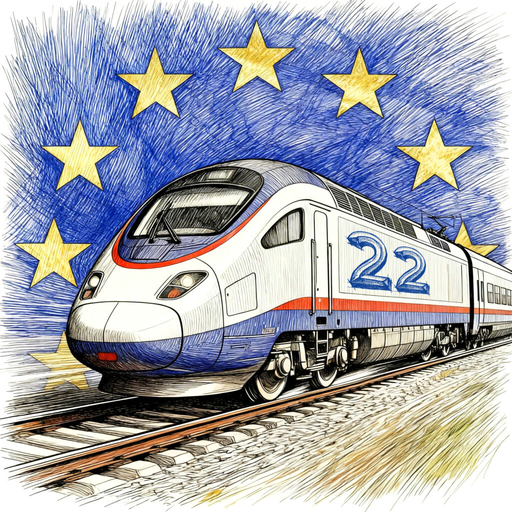 Pociąg na niebieskim tle z gwiazdkami Unii Europejskiej