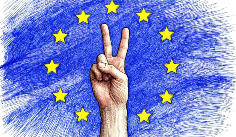 Dłoń z palcami w geście zwycięstwa na tle flagi Unii Europejskiej
