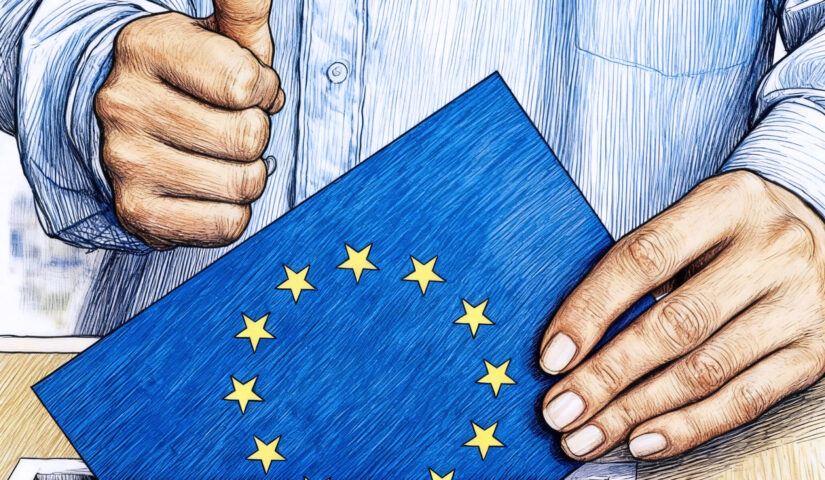 Ręce wrzucają do urny wyborczej niebieską kopertę z unijnymi gwiazdkami