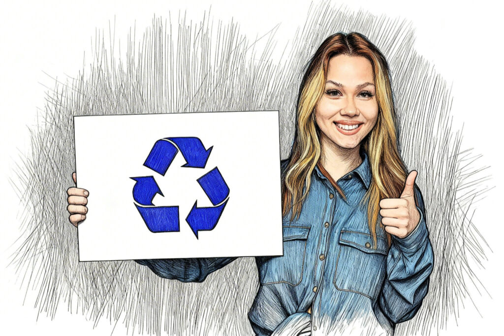 Uśmiechnięta młoda dziewczyna z kartką ze znakiem recyklingu